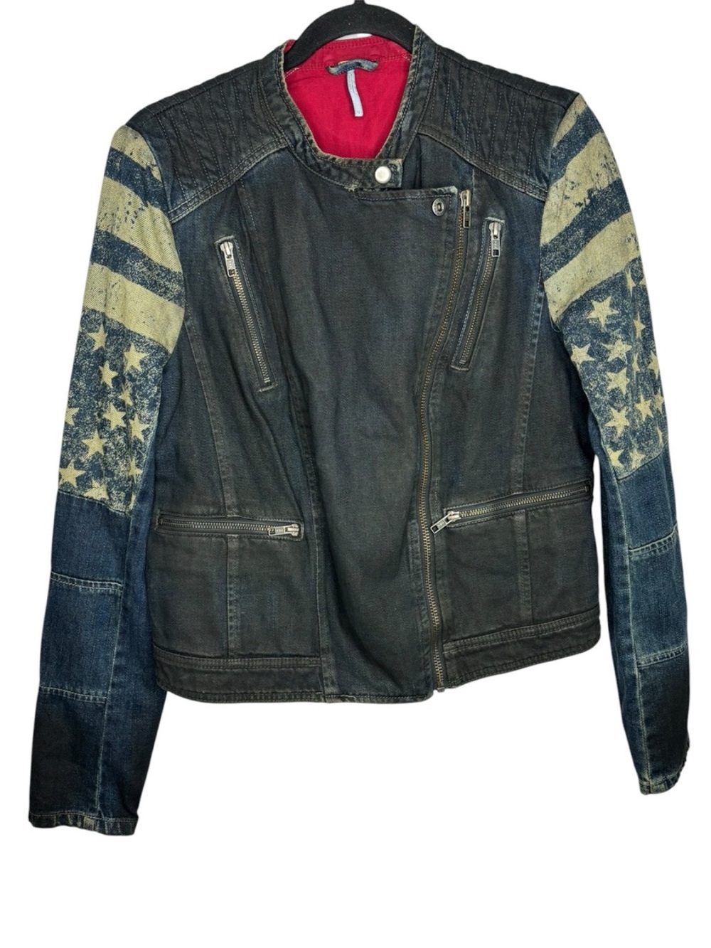 We The Free - Free People Denim Moto Jacket with Star Stripe Sleeves - Picture 2 of 10